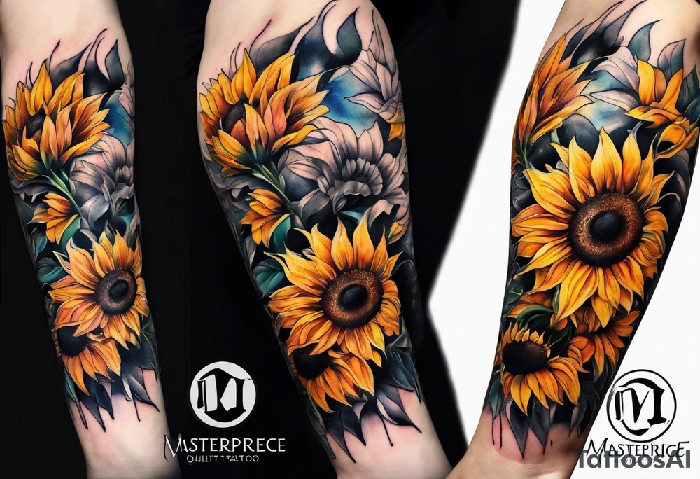 Colorful sunflower arm sleeve tattoo idea