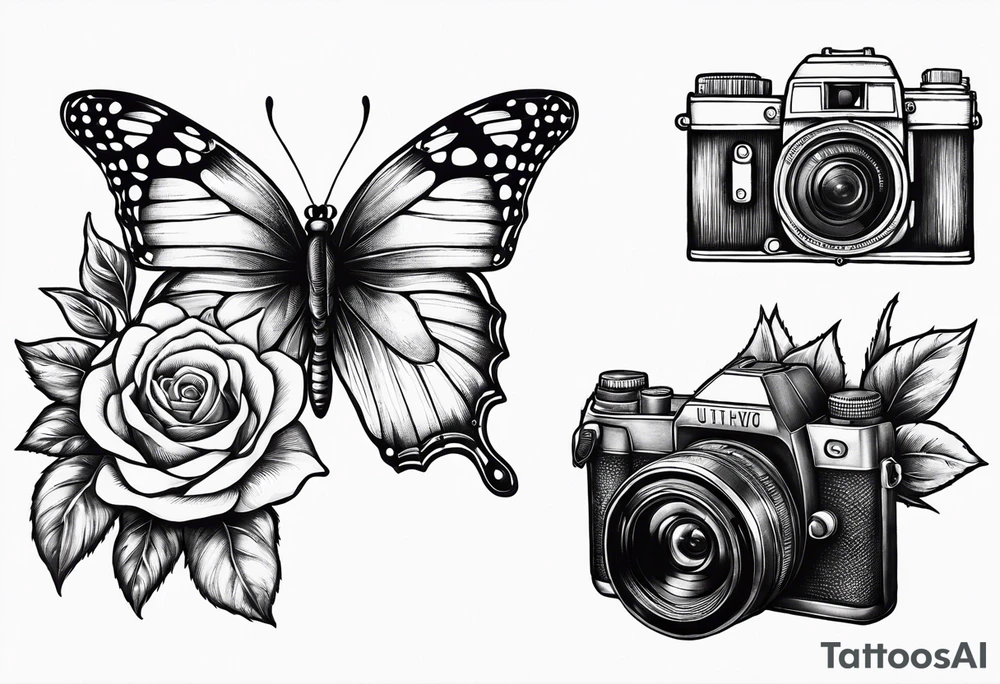 Butterfly, sunflower, camera, book, flower rose tattoo idea