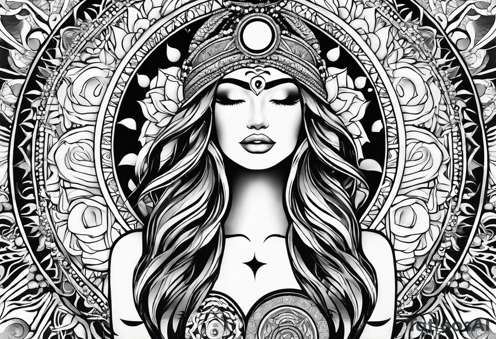 divine feminine arm sleeve with the sun and moon and 7 chakras tattoo idea