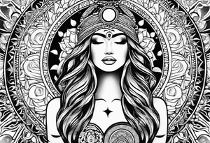 divine feminine arm sleeve with the sun and moon and 7 chakras tattoo idea
