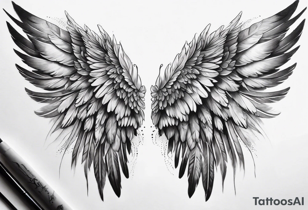 Realistic angel wings extending from the shoulders, covering the upper arms and upper back. The feathers are intricately detailed, with soft shading in black and gray to create depth and texture. The wings gently converge in the middle of the back, forming a harmonious and cohesive design. tattoo idea