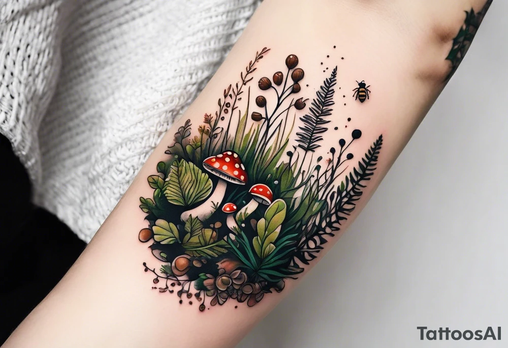 minimalistic forest floor inspired tattoo, which includes grass, moss, curly ferns and dead leaves as the bulk of the tattoo. details to include: forest berries, couple of very small brown mushrooms, a tiny bumblebee flying nearby tattoo idea