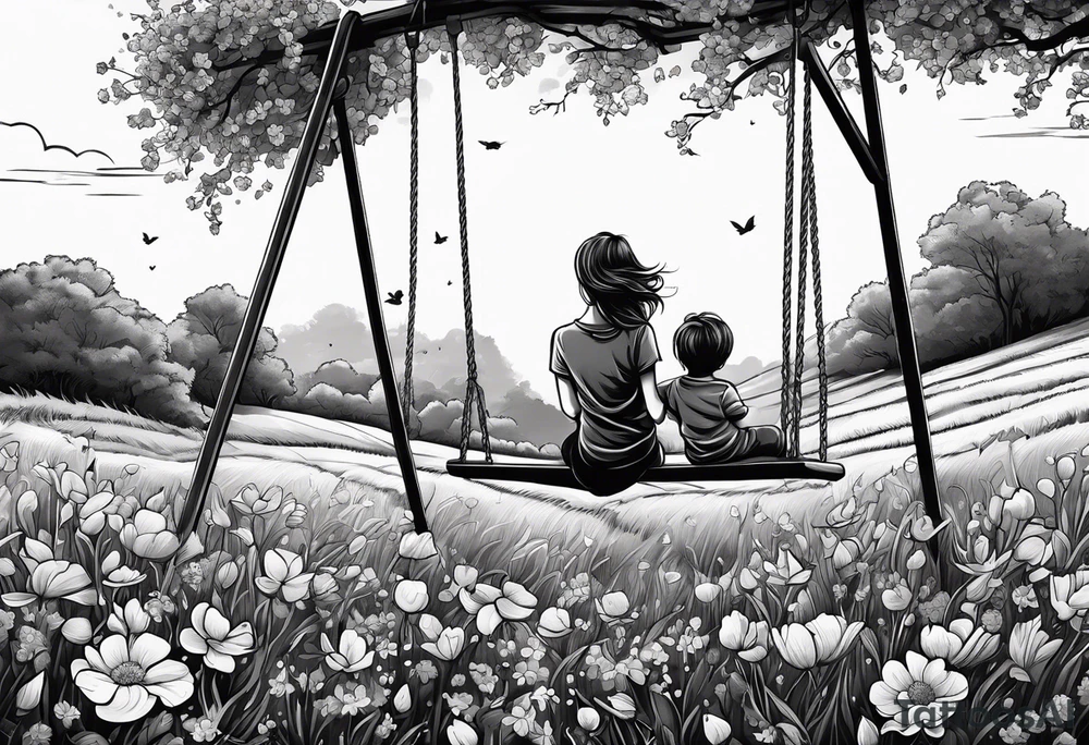 Mom with son and daughter on a swing in the distance in a field of flowers tattoo idea