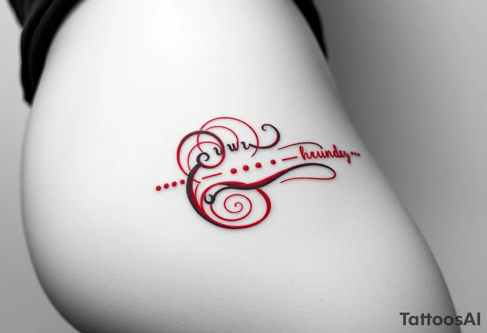 the text, “-... .-. .- . .- .-.. ....... -.. .- .-- --- --- -.. .......” in the shape of a swirl in red ink on female hip bone on the right side tattoo idea