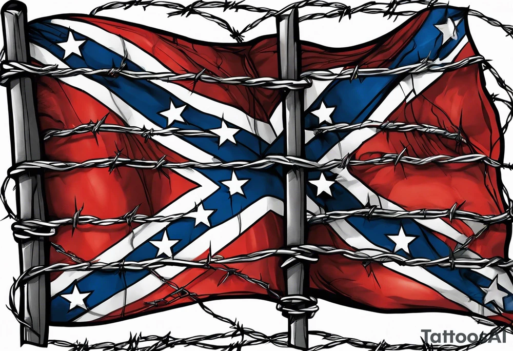 Rebel flag caught between 2 bands of barbed wire tattoo idea