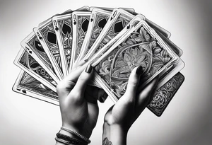 raised woman hand holding cards in front of her face, showing the cards to others tattoo idea