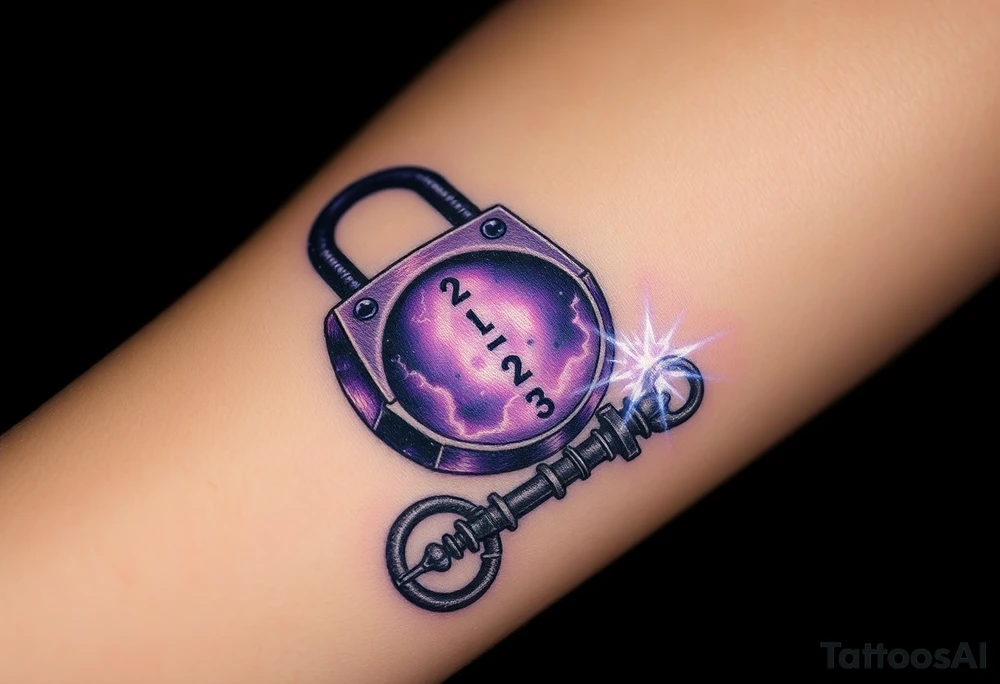 A deep purple crystal lock with glowing runes, and a key radiating a mystical aura and lying beside it. tattoo idea