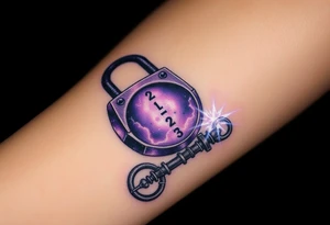 A deep purple crystal lock with glowing runes, and a key radiating a mystical aura and lying beside it. tattoo idea