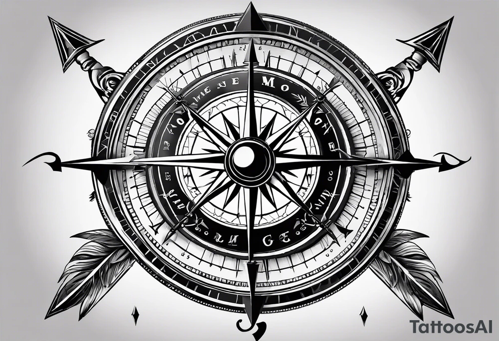 vintage compass with guy faux mask integrated. Slashed lettering for the navigational directions and long fencing swords as the arrows tattoo idea