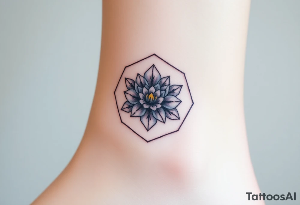 Faint Hexagon with Leo, larkspur and water lilies in the center tattoo idea