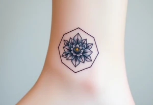 Faint Hexagon with Leo, larkspur and water lilies in the center tattoo idea