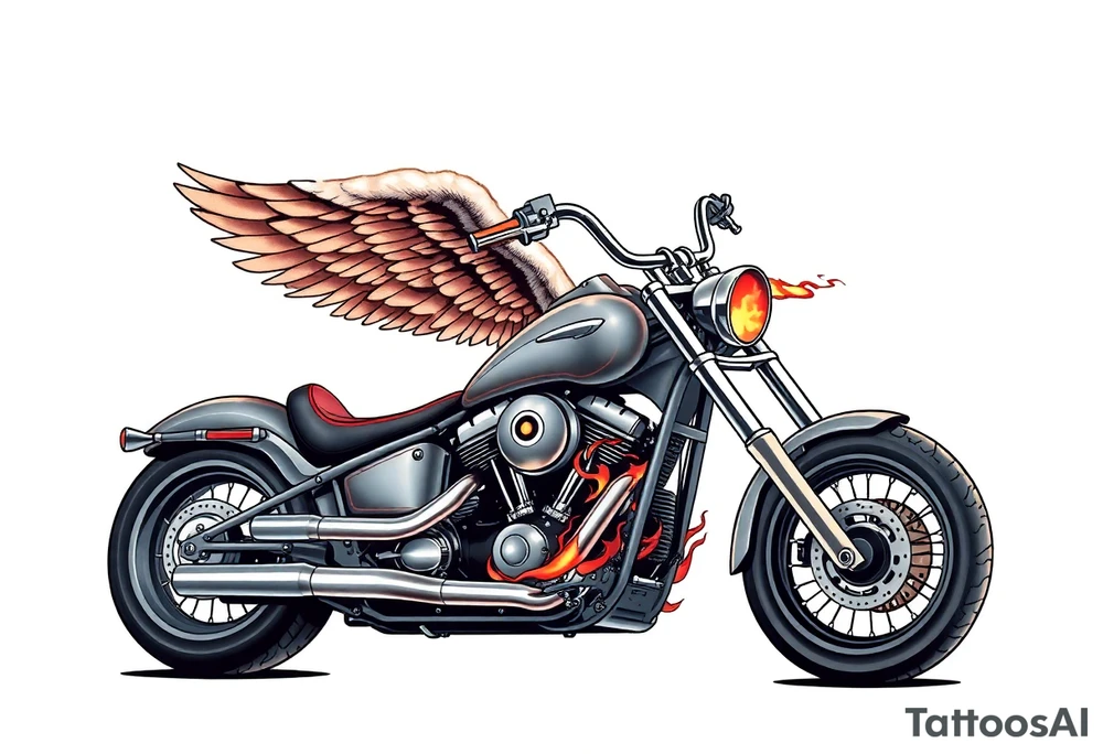 Low rider grey motorcycle, big muffler pipes with flames, angel wings, driving away, no person tattoo idea