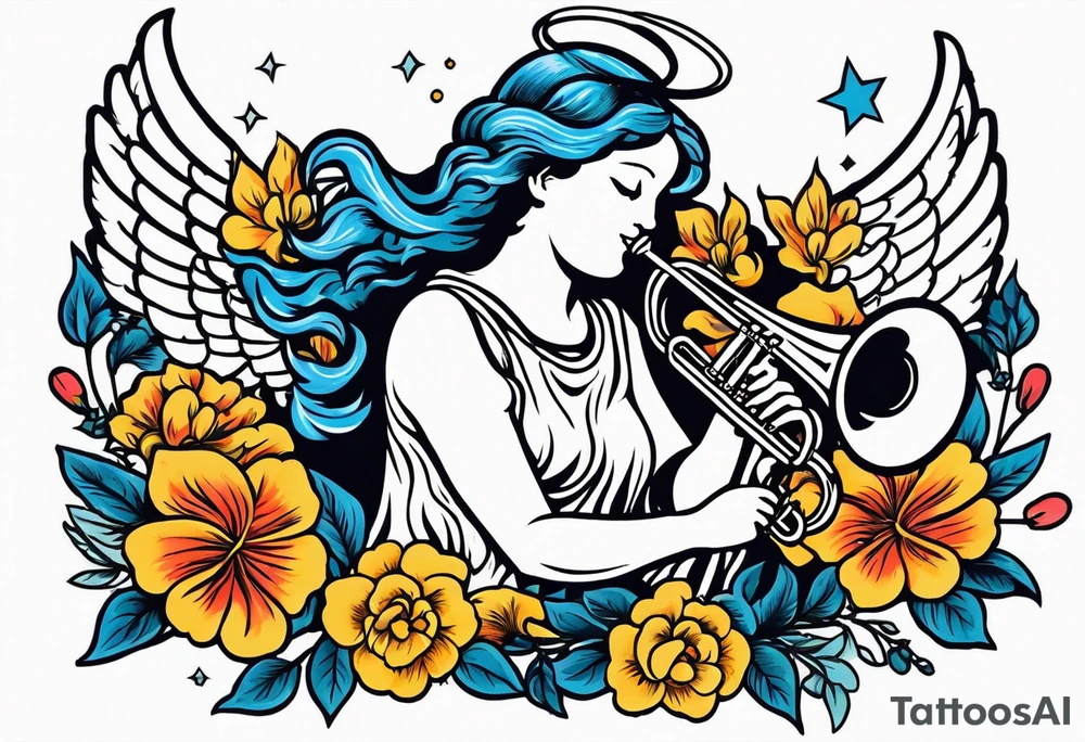angel with trumpet
old school vintage simple traditional design with vintage flowers surrounding it bold color tattoo idea