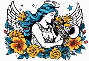 angel with trumpet
old school vintage simple traditional design with vintage flowers surrounding it bold color tattoo idea
