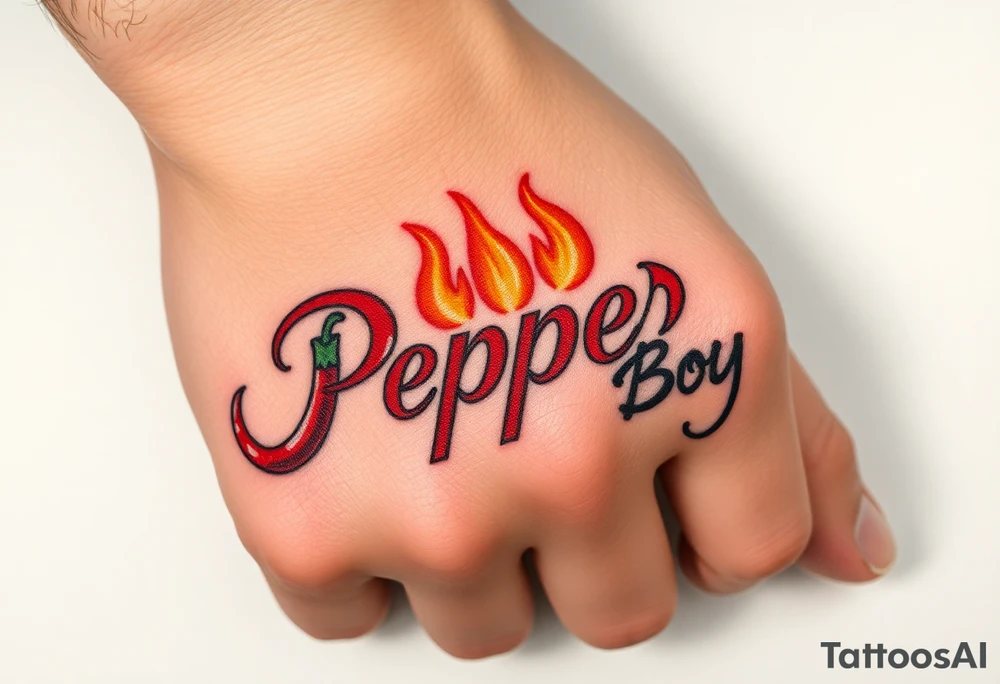 Chili pepper and fire lettering says Pepper Boy tattoo idea