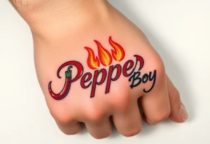 Chili pepper and fire lettering says Pepper Boy tattoo idea