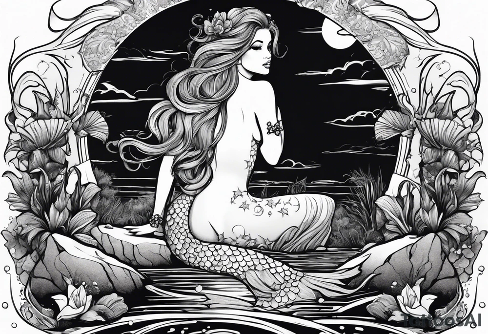 Mermaid on a rock in a bayou at night tattoo idea