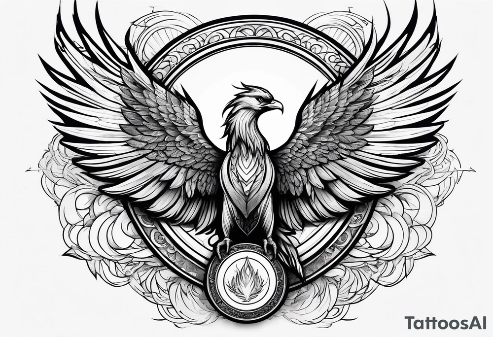 a phoenix rising from the ashes, with an angel opening its wings on the background tattoo idea