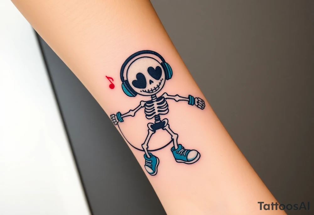 Cute smiley skeleton with heart shape eyes  jumping on a jump rope with both hands blue headphones blue armbands blue sneakers and colorful  music notes around his head tattoo idea