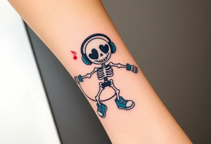 Cute smiley skeleton with heart shape eyes  jumping on a jump rope with both hands blue headphones blue armbands blue sneakers and colorful  music notes around his head tattoo idea