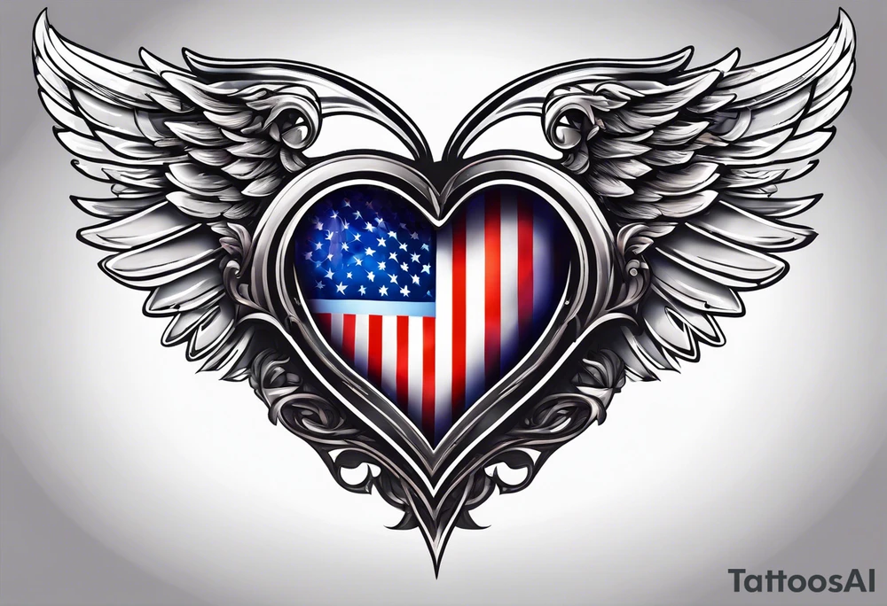 American flag inside of a heart with angel wings tattoo idea