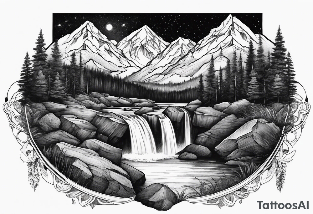 mountains, nature, stars, cross, waterfall, water tattoo idea