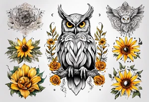 sonne, eule  wald, 
blume des lebens, 
baum tattoo idea