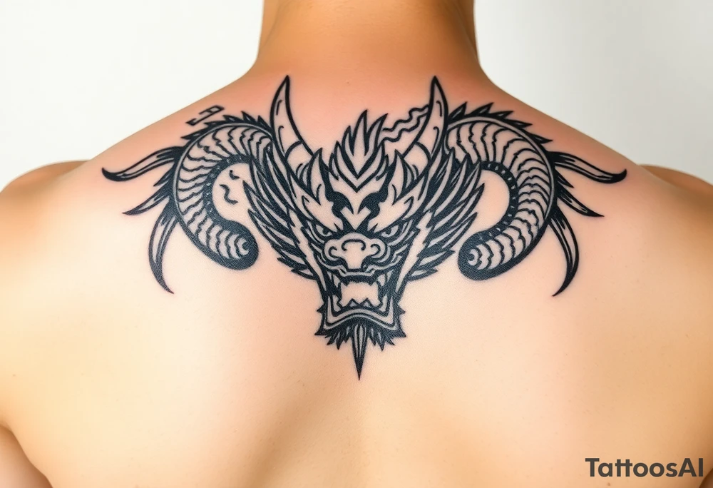 Tatuaje en espalda completa de la cabeza de un dragón demonio japones tattoo idea