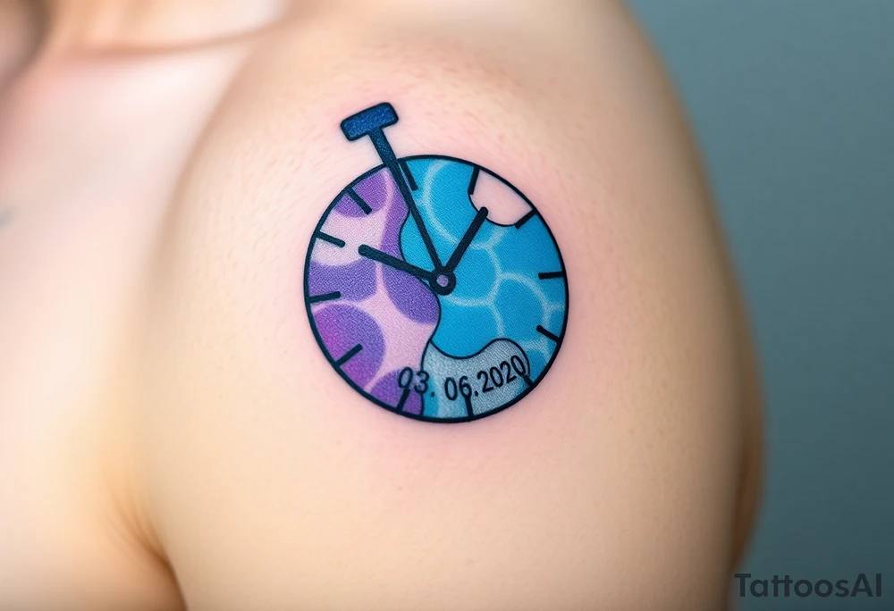 A puzzle-piece styled clock, where the missing piece contains the child’s name "AdamL and birth date "03. 06. 2020", in blue, purple, and silver tattoo idea