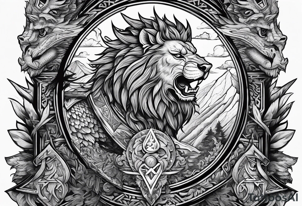 Valhalla sword shield  axe lion dragon 
Valknut  ruins tattoo idea