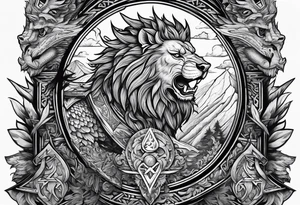 Valhalla sword shield  axe lion dragon 
Valknut  ruins tattoo idea