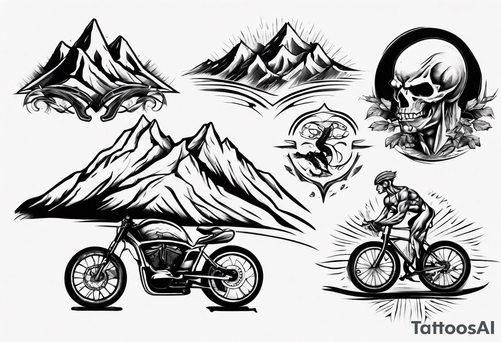 road cycle, flexing muscle and a mountain tattoo idea