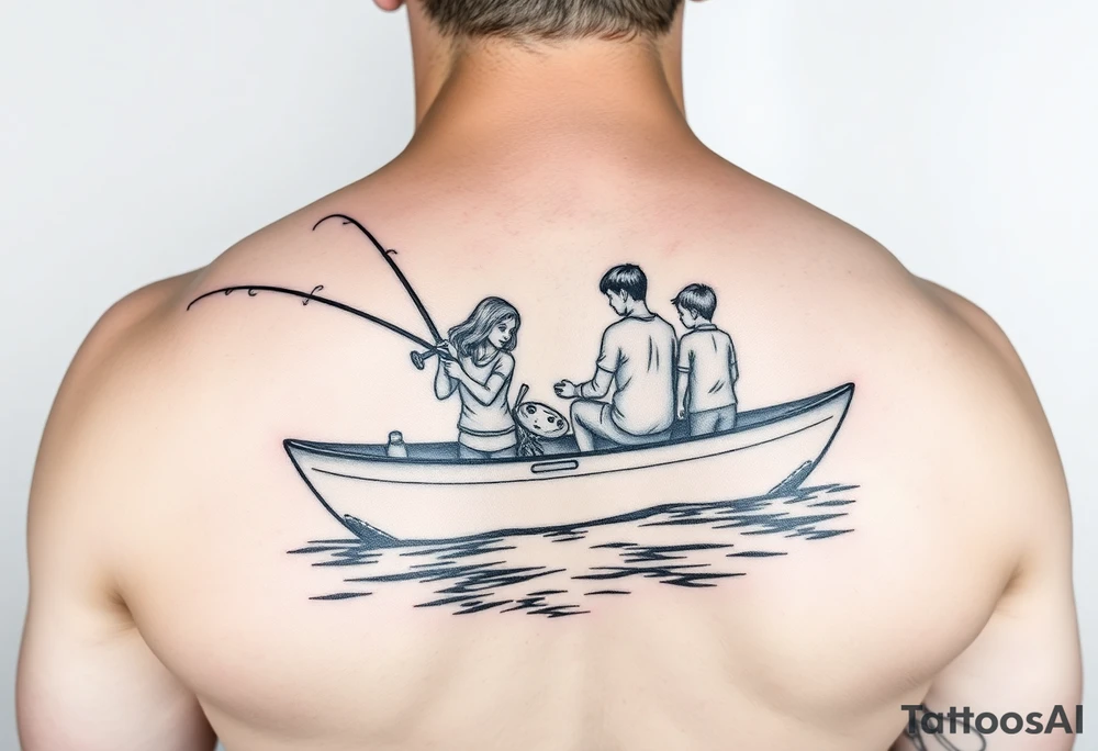 Dad fishing with 3 kids 
1girl and 2 sons
With lake boat tattoo idea