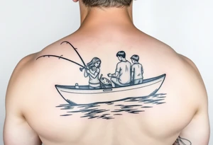 Dad fishing with 3 kids 
1girl and 2 sons
With lake boat tattoo idea