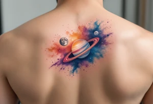 A soft watercolor galaxy with three celestial bodies (sun in gold, moon in silver, and a planet Saturn in deep blue) orbiting around each other. tattoo idea