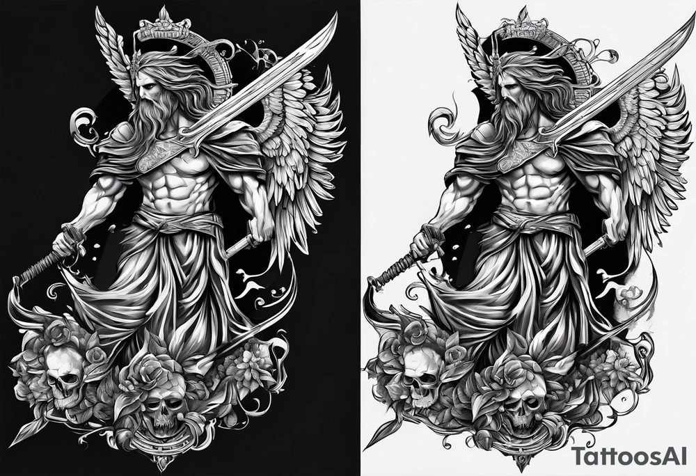 Thanatos, the greek god of death, holding a sword and a torch tattoo idea