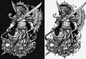 Thanatos, the greek god of death, holding a sword and a torch tattoo idea