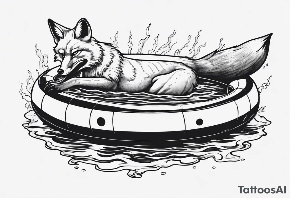 a tatto drawing black and white of a fox floating inside innertube in a pool holding a gun tattoo idea