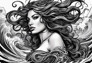 stormy sea waves, a woman in the middle of a storm, Medusa the Gorgon tattoo idea