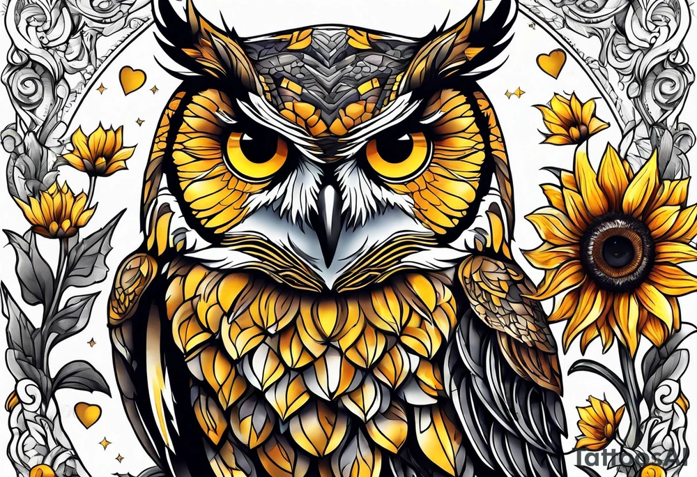 Sunflower and owl tattoo idea