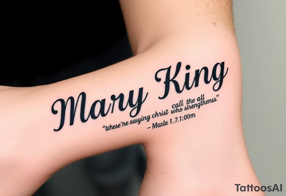 generate a pretty tattoo on my wrist with the name mary king and the bible verse “i can do all things through christ who strengthens me” and the verse tattoo idea