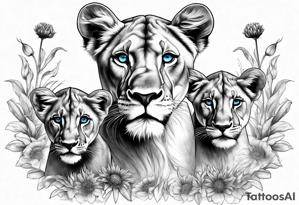 Lioness with three cubs. Blue eyes. Surrounded with cornflowers. tattoo idea