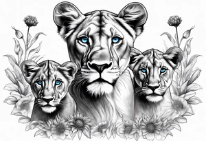 Lioness with three cubs. Blue eyes. Surrounded with cornflowers. tattoo idea