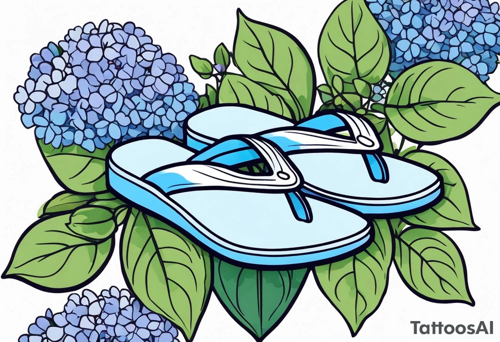 small tattoo of a pastel blue flip flop surrounded by blue and lavender hydrangea flowers with green leaves tattoo idea