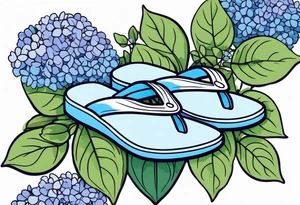 small tattoo of a pastel blue flip flop surrounded by blue and lavender hydrangea flowers with green leaves tattoo idea
