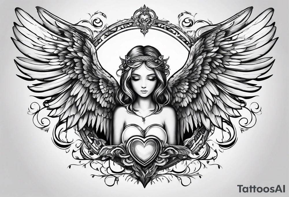 small angel with wings and heart on hands tattoo idea