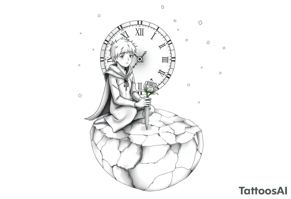 A reimagined masculine version of The Little Prince sitting on a cracked, floating planet. He has a calm, contemplative expression, wearing a slightly worn cloak with geometric markings. Behind him floats a broken clock with exposed gears, representing anxiety and overthinking. Instead of a rose, a flower wraps around a sword stuck into the ground—symbolizing love and emotional struggle. A glowing star burns in his chest, symbolizing inner strength and controlled passion. Around him are small floating fragments, like puzzle pieces or mechanical parts—representing deep thought and attention to detail. The sky shows incomplete constellations, symbolizing the search for connection and meaning. Style: fine line with surrealist touches, black and grey, minimalist shading. tattoo idea