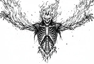 Flaming satan skeleton reaching up both arms to heaven full body tattoo idea