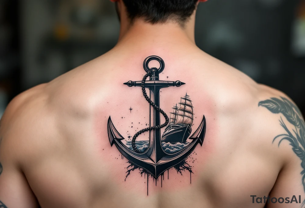 bold man with anchor and yacht
put on arm tattoo idea