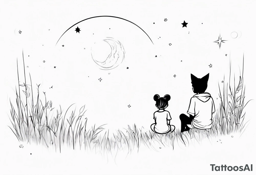 sitting from behind looking at the stars, a little girl and a fox sitting in the grass tattoo idea